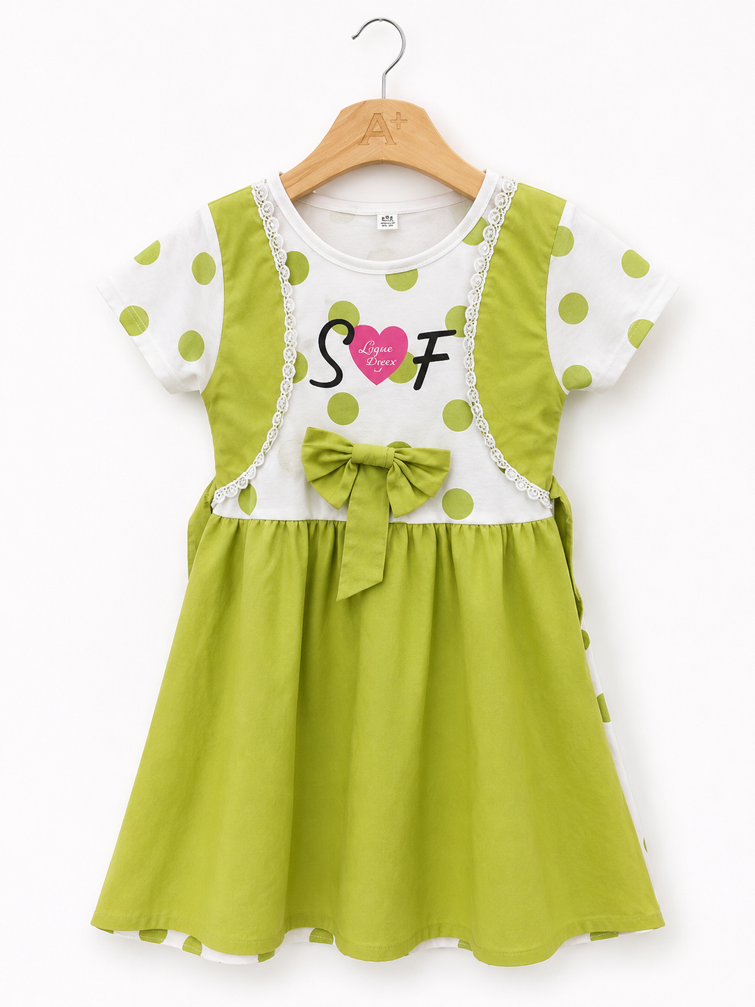 Girls Green Polka Dot Bow Dress